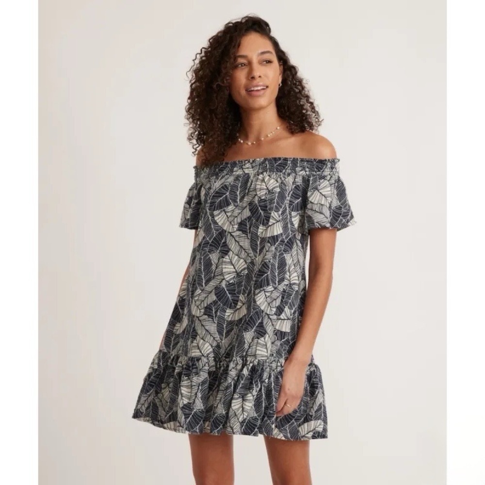 NEW Marine Layer Shirley Off The Shoulder Dress in Navy Palm Sz M